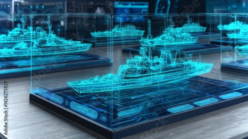 Obraz na płótnie Advanced holographic display showcases naval fleet design and technology innovations w salonie
