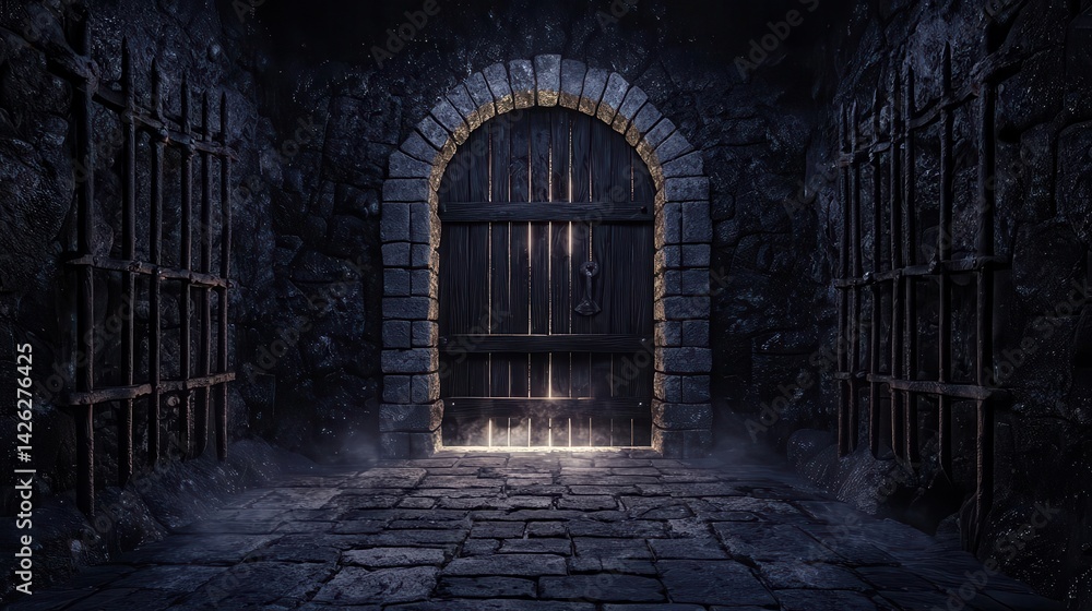 Obraz premium Castle dungeon with heavy wooden doors, ironbarred cells, and a mysterious glowing portal in the distance