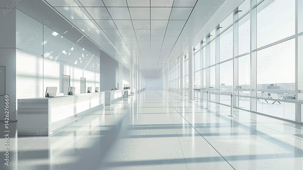 This Spacious airport terminal features check-in desks and seating for travelers. This Spacious airport terminal features check-in desks and seating for travelers.