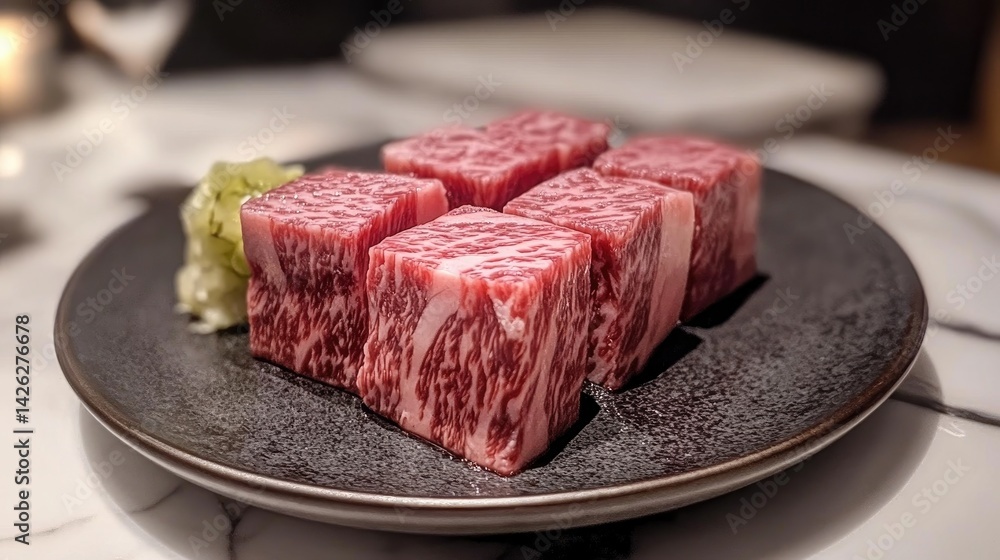 Beautifully arranged platter of wagyu beef, marbled and glistening, ready for shabu-shabu Beautifully arranged platter of wagyu beef, marbled and glistening, ready for shabu-shabu
