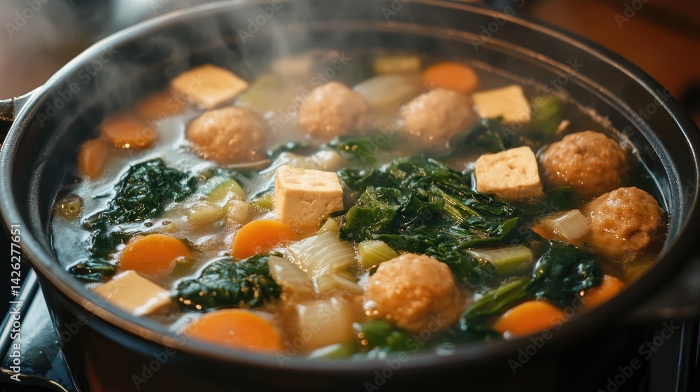 Boiling Chanko Nabe pot with steam rising, packed with greens, tofu, meatballs, and root vegetables Boiling Chanko Nabe pot with steam rising, packed with greens, tofu, meatballs, and root vegetables