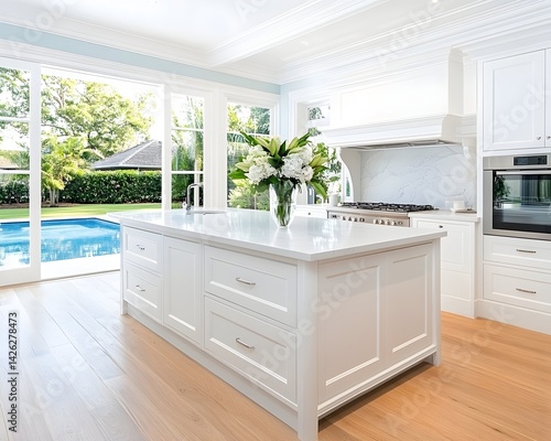 Luxurious white kitchen with island, hardwood floors, and pool view