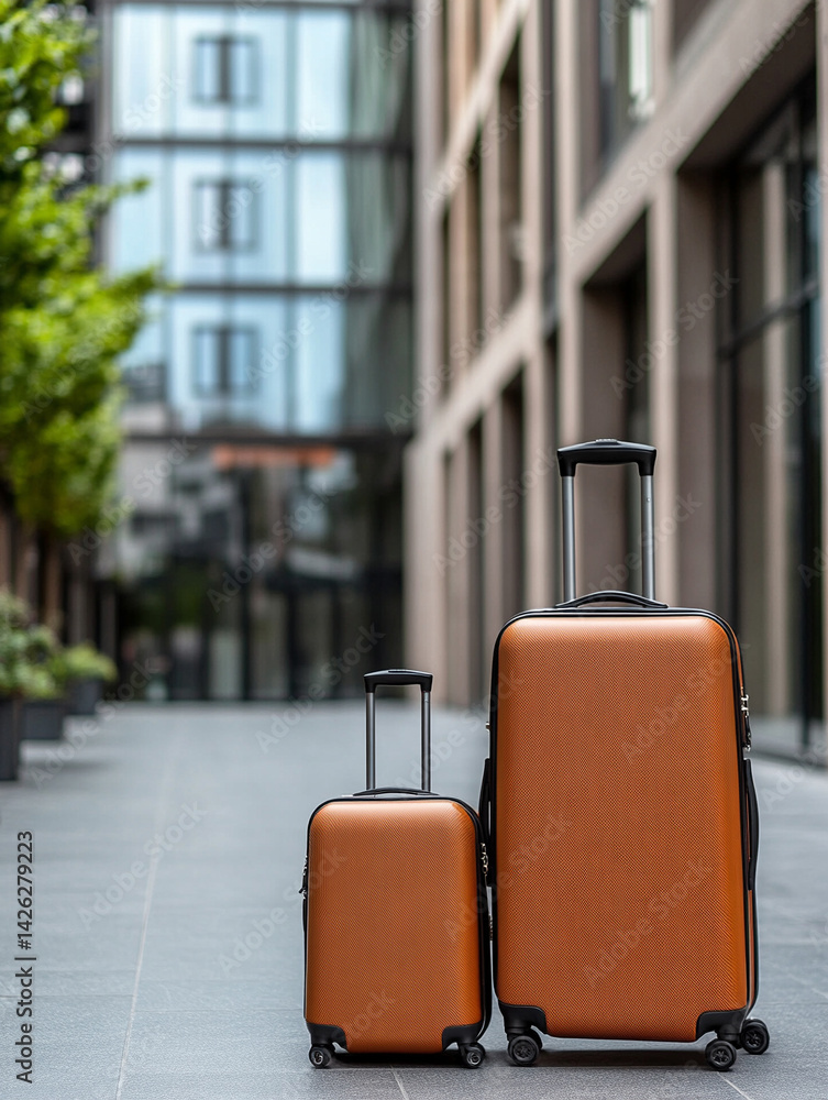 Fototapeta premium Blurred luggage and suitcase near modern hotel, clean and elegant composition 