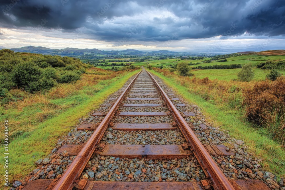 Fototapeta premium Train tracks stretch through green fields under a dramatic sky in a rural landscape