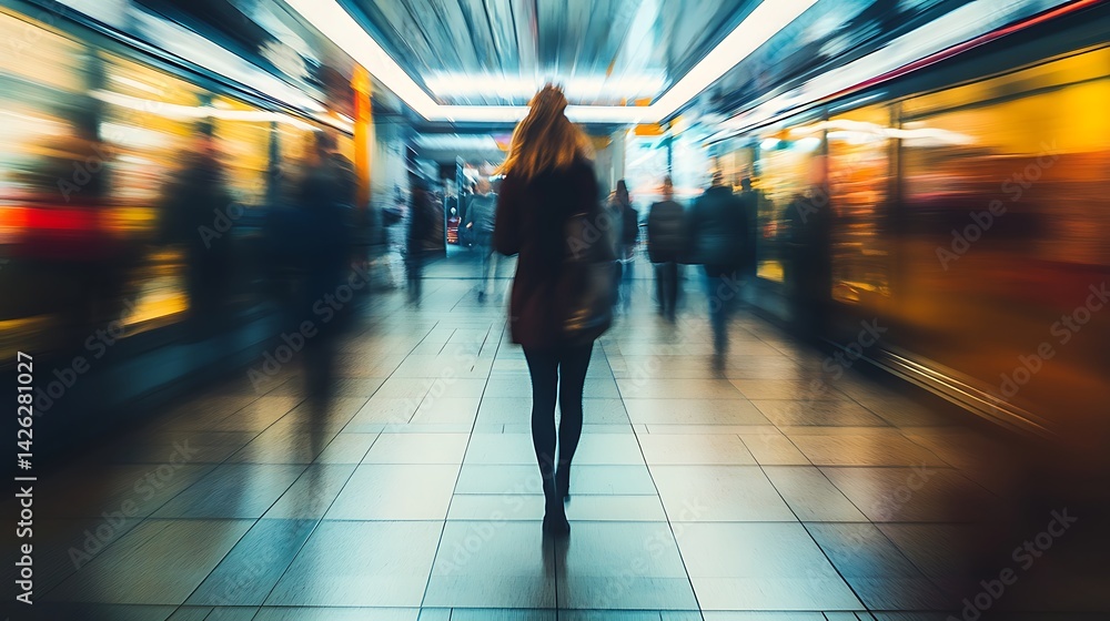 Woman Walking in Subway Tunnel with Motion Blur and Crowded People Woman Walking in Subway Tunnel with Motion Blur and Crowded People