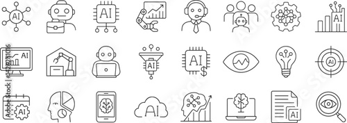 AI in business line icon set. Vector pictograms of chip, machine, learning, neural, network, customer service, artificial intelligence, innovation, dashboard, collaboration thin linear illustration.