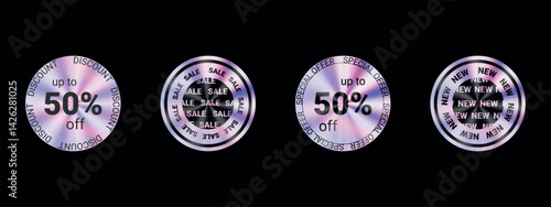 Set sticker hologram emblem holographic label. Emblems, 50% Off, Special Offer, Discount, Original. Vector illustration.