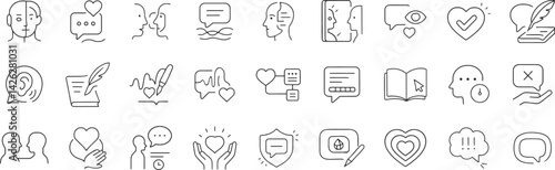 AI emotional dialogue line icon set. Vector pictograms of conversation, empathy, therapy, support chat, feedback, identity, understanding, thin linear illustration.