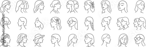Female head line icon set. Vector pictograms of beauty lady, sunglasses, earrings, ethnic, scarf, hat, expression, elegant, youth woman, modern, thin linear illustration.