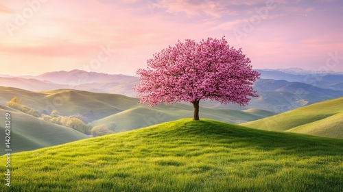 Cherry blossom tree standing alone on a grassy plain with distant hills under a soft pink sky