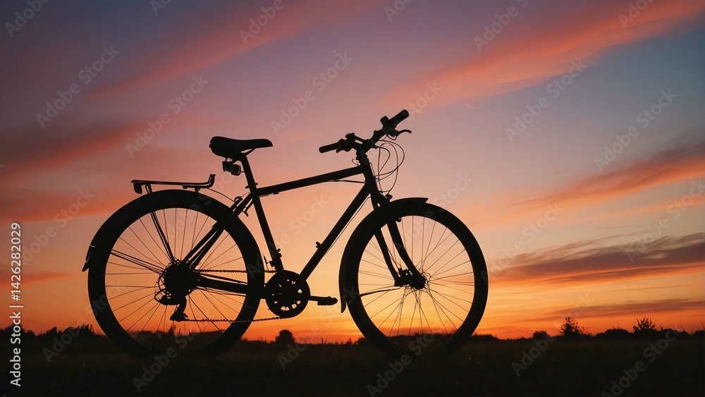 Obraz premium Bicycle Silhouette Against Colorful Sunset Sky – Nature Outdoors Vibes