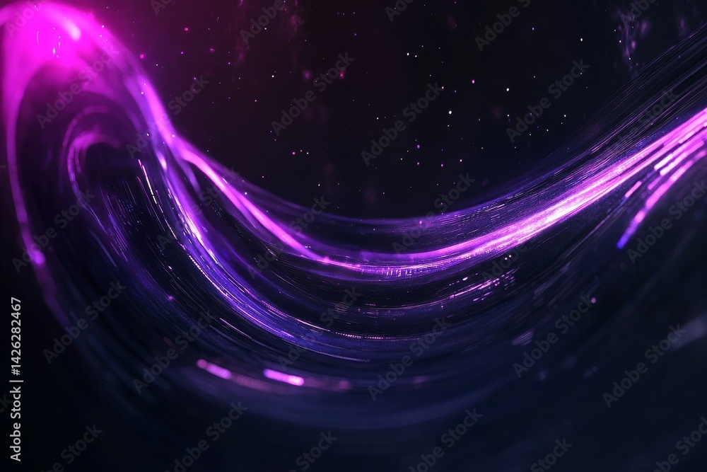 Obraz premium A sleek, high-tech design featuring a futuristic planet illuminated by neon lights, with glowing teal rings orbiting purple storms set against a dark space backdrop, creating a shimmering and dynamic