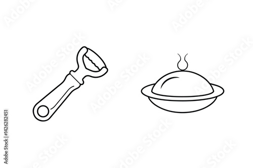 Outline Drawing Of Kitchen Utensils Including A Peeler And Serving Dish