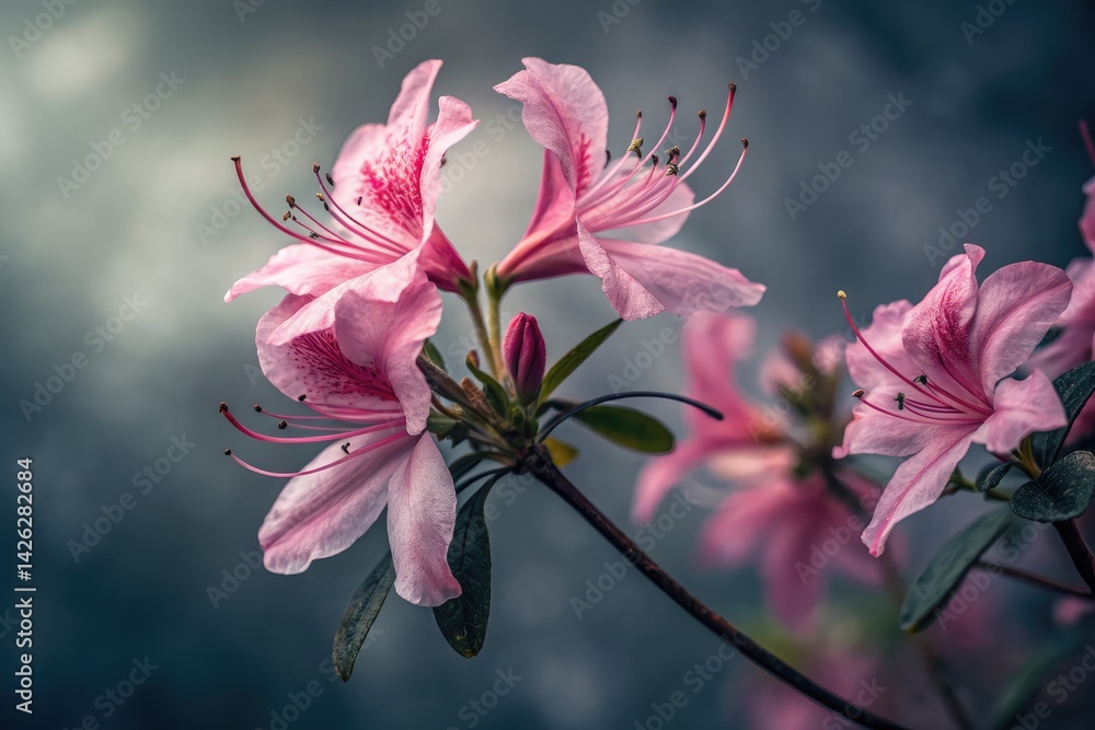 Pink azalea blossoms shine against a moody sky with soft lighting Pink azalea blossoms shine against a moody sky with soft lighting