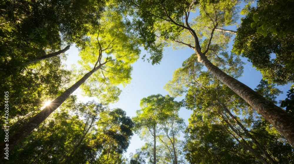 Fototapeta premium Tall trees form a lush canopy in a dense forest, allowing glimpses of blue sky while sunlight filters through branches, creating a peaceful and inviting atmosphere