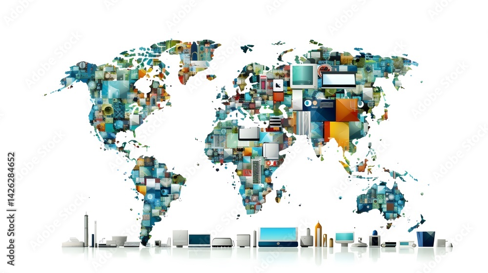 Fototapeta premium Modern global collage map created on computer display for professional use