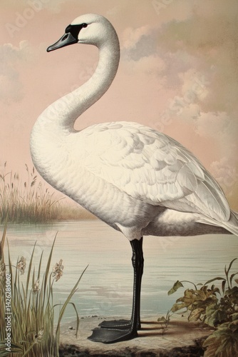 A highly detailed vintage scientific illustration of an swan, in the style of 19th century ornithological print, naturalistic pose, fine feather texture, soft pastel background with wetland scenery, a