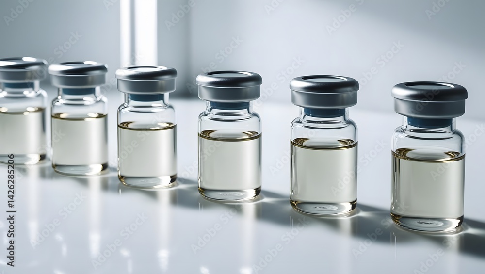 Sterile Medical Vials In ARow,Precisely Arranged On ASurface Reflecting Light,Creating AShadow Play Effect And Clean Aesthetic Sterile Medical Vials In ARow,Precisely Arranged On ASurface Reflecting Light,Creating AShadow Play Effect And Clean Aesthetic
