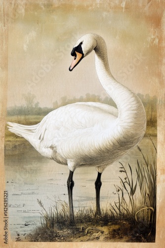 A highly detailed vintage scientific illustration of an swan, in the style of 19th century ornithological print, naturalistic pose, fine feather texture, soft pastel background with wetland scenery, a
