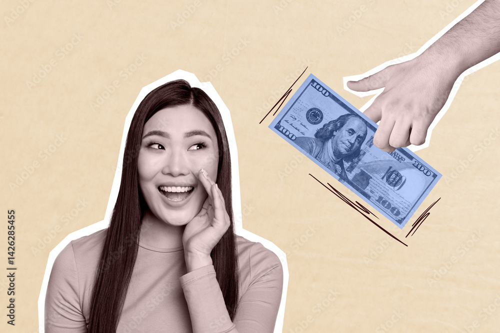 Trend artwork banner sketch 3D photo collage of finance cash investment market income young lady smile hand gesture talk hold banknote