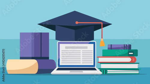 A graduation cap laying on a desk next to a laptop and a pile of loan documents symbolizing the stress of impending loan repayment.. Vector illustration