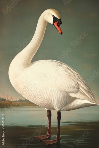 A highly detailed vintage scientific illustration of an swan, in the style of 19th century ornithological print, naturalistic pose, fine feather texture, soft pastel background with wetland scenery, a