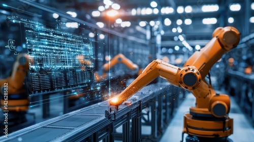 An advanced robotic arm operates in a modern manufacturing facility.
