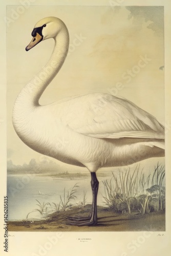 A highly detailed vintage scientific illustration of an swan, in the style of 19th century ornithological print, naturalistic pose, fine feather texture, soft pastel background with wetland scenery, a