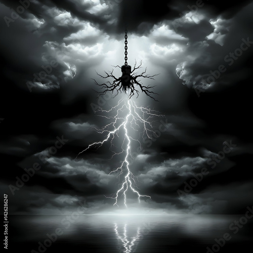 Dark stormy sky, lightning strike, tree roots hanging, calm water reflection, ominous atmosphere; album art