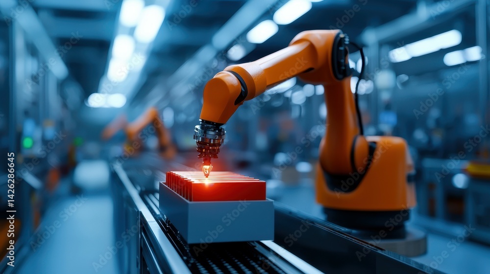 Fototapeta premium An orange robotic arm efficiently handling products in a modern industrial setting.