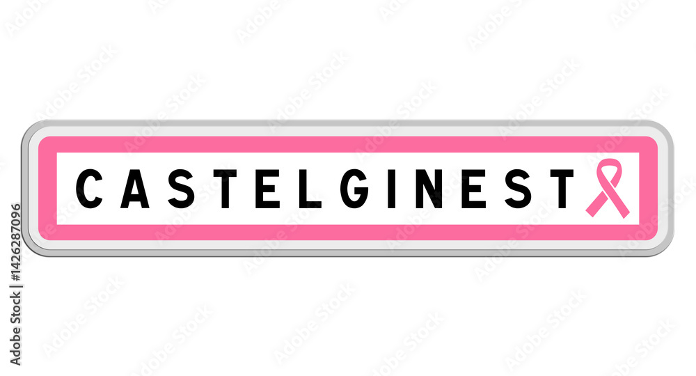 Fototapeta premium Panneau de sortie de Castelginest, Haute-Garonne, Occitanie avec Ruban Octobre Rose