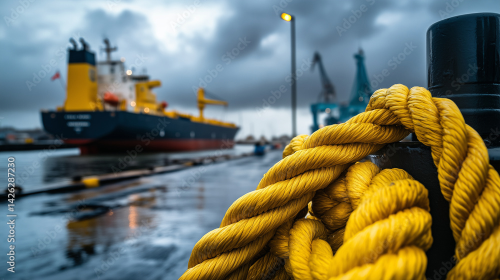 Heavy-duty hydraulic winch mounted on vessel deck, vibrant yellow mooring ropes spooling neatly as ship docks at bustling port under cloudy skies