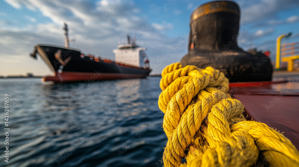 Fototapeta premium Wide-angle view of cargo vessel mooring operation, hydraulic winch system pulling yellow rope taut as it anchors ship safely alongside pier