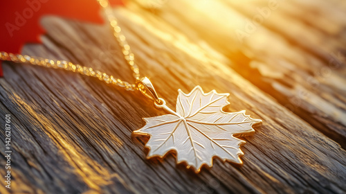 Glowing maple leaf pendant on rustic wood, warm sunlight and soft bokeh, embodying Canadian pride and serenity.