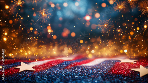 Red, white, and blue sparklers glow against a dusk sky with soft fireworks, celebrating American Independence Day's festive spirit.