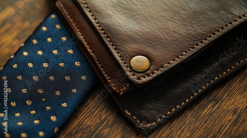 A classic leather wallet with blue tie detail on rustic wood, celebrating Father's Day with timeless craftsmanship and warmth.
