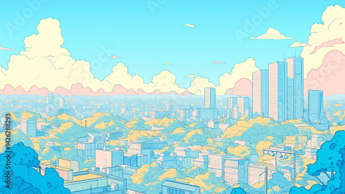 快晴の夏空とポップな都市風景をミックスした、広告やWEBに最適なイラスト素材／レトロ調線画／鮮やかなビル群／80年代デザイン