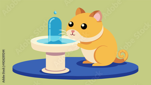 A curious hamster scurries over to the edge of a miniature pet fountain eagerly lapping at the tiny spout for its beloved hydration.. Vector illustration