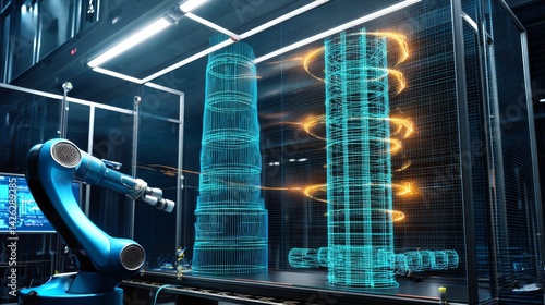 Robot inspects modular aerospace parts using a futuristic holographic display