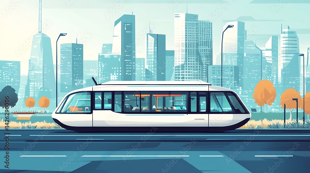 Naklejka premium Modern Tram with Cityscape, and Urban Transit.