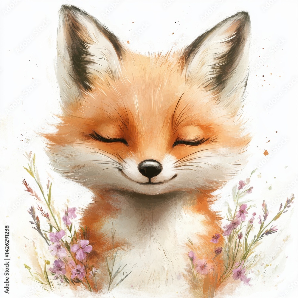 Obraz premium Watercolor Fox Portrait with Floral Crown