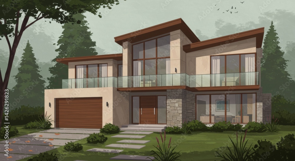 Modern House Exterior Design - Contemporary two-story house with large windows, attached garage, and stone accents. Situated in a wooded area Modern House Exterior Design - Contemporary two-story house with large windows, attached garage, and stone accents. Situated in a wooded area