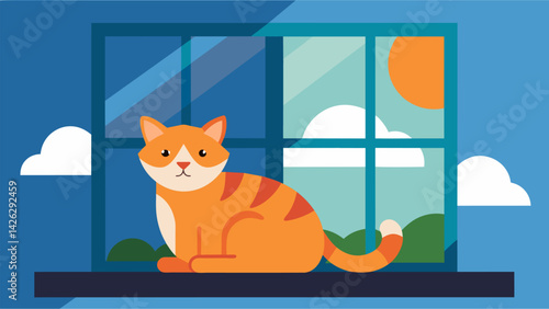 A cat lounging in a sunny window but frowning with boredom with the tagline Keep your feline friend entertained all day long with our app.. Vector illustration