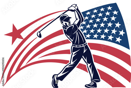 A golfer swings a club, with an American flag waving in the background, symbolising patriotism in sports