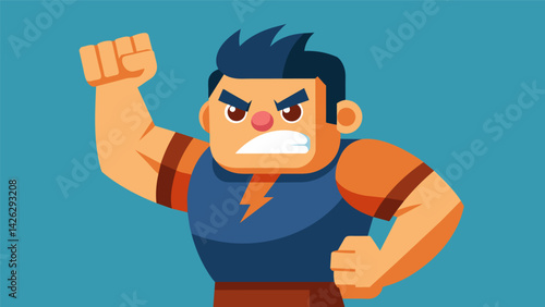 A scowling cartoon character with a raised fist representing the determination to overcome obstacles.. Vector illustration
