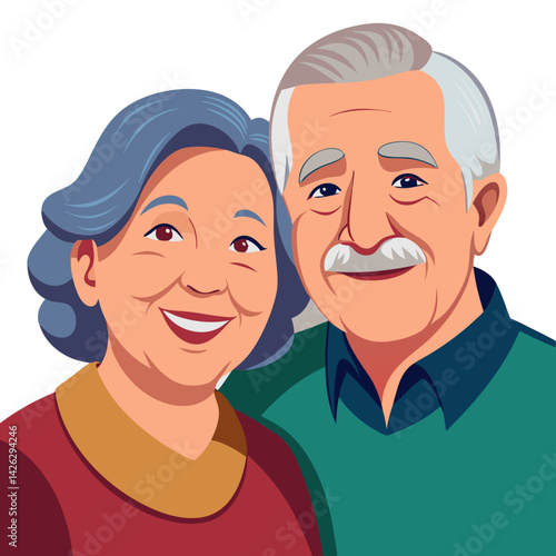 Elderly couple smiling happily, standing together against a white background.  