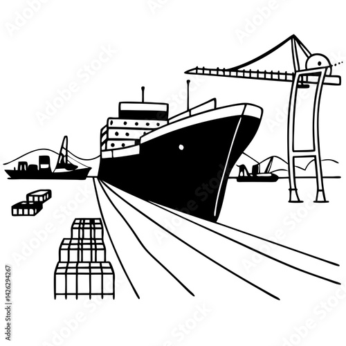 Cargo ship docked at port with containers and cranes  