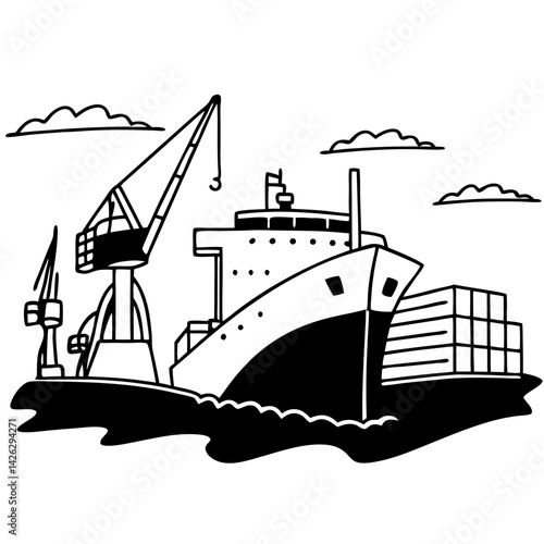 Cargo ship with crane loading containers at port  