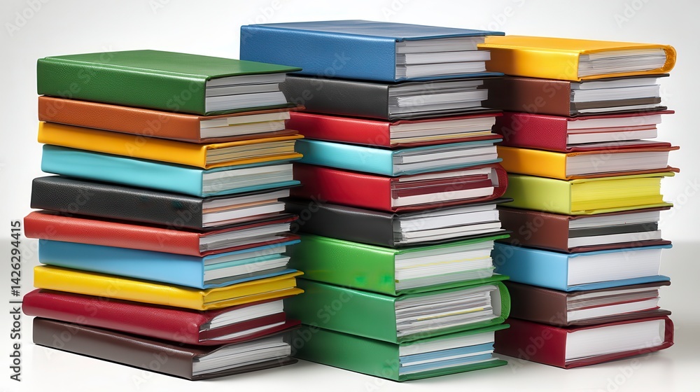 Fototapeta premium Vibrant Collection of Colorful Notebooks Stacked Together in Various Textures and Patterns on a White Background