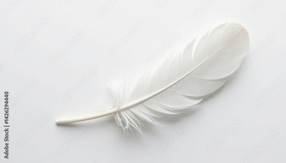 A single, pristine white feather on a white backdrop , serene, calm, wildlife A single, pristine white feather on a white backdrop , serene, calm, wildlife